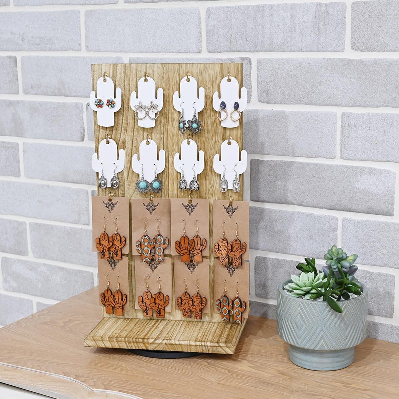 Ikee Design Wooden Rotating Two-Sided Jewelry Display Stand, Rotating Organizer with 32 Hooks for Store, Earring Keychain Display with Hooks, Oak color, 9 W x 7.5 D x 16.5 H in - Image 5